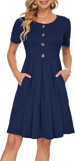 AUSELILY Women's Short Sleeve Summer Dress Pleated Button Down Knee Length Dresses with Pockets 2025 New