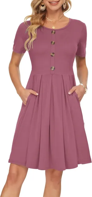 AUSELILY Women's Short Sleeve Summer Dress Pleated Button Down Knee Length Dresses with Pockets 2025 New