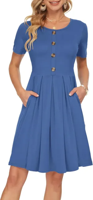 AUSELILY Women's Short Sleeve Summer Dress Pleated Button Down Knee Length Dresses with Pockets 2025 New