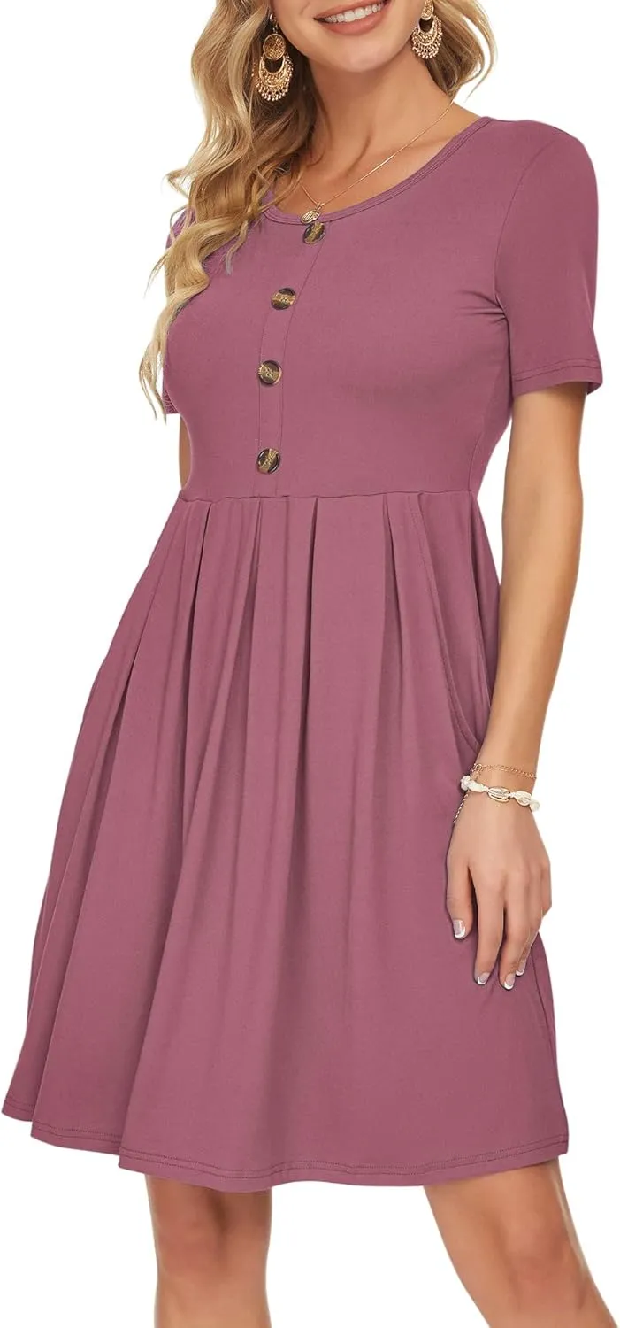 AUSELILY Women's Short Sleeve Summer Dress Pleated Button Down Knee Length Dresses with Pockets 2025 New