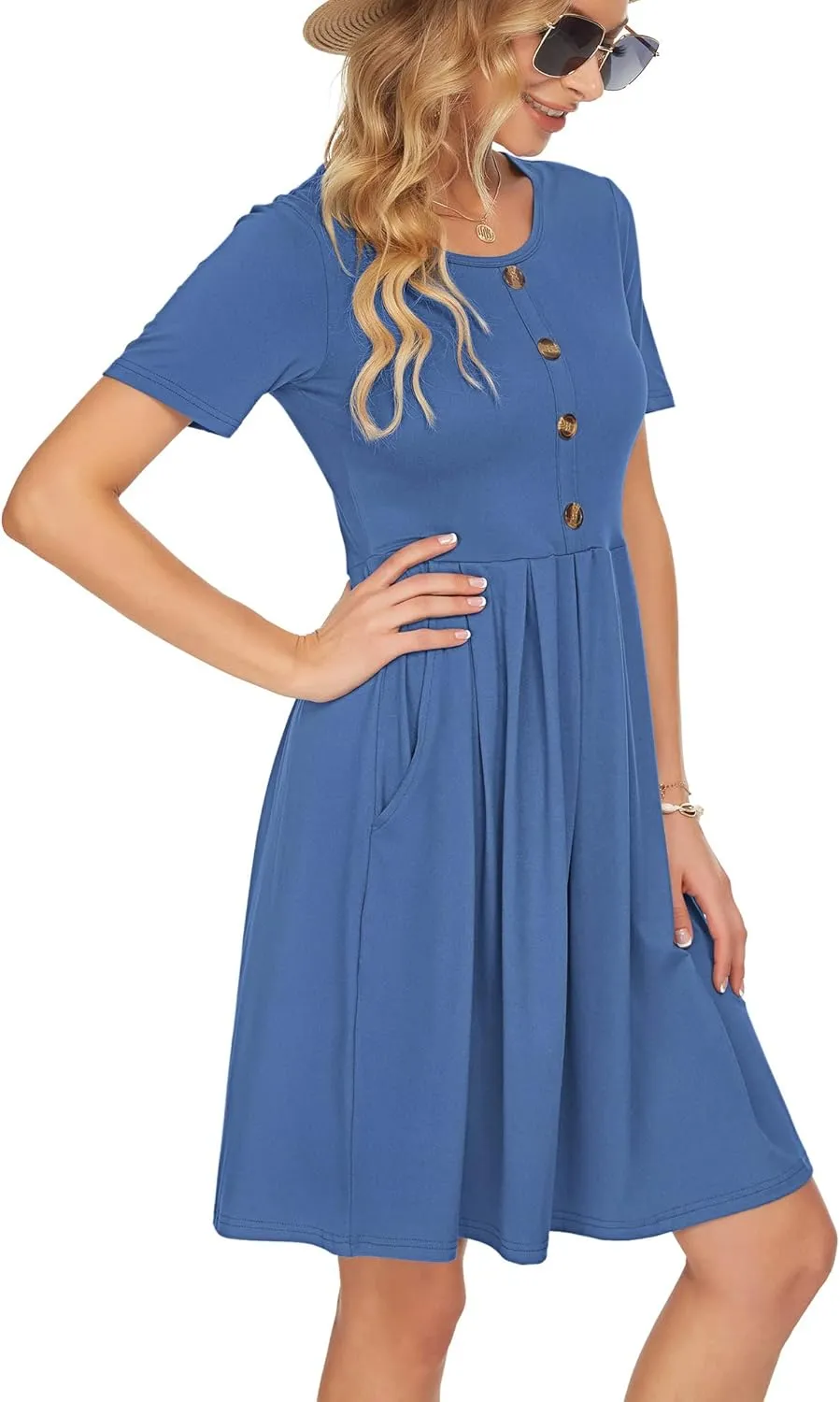 AUSELILY Women's Short Sleeve Summer Dress Pleated Button Down Knee Length Dresses with Pockets 2025 New