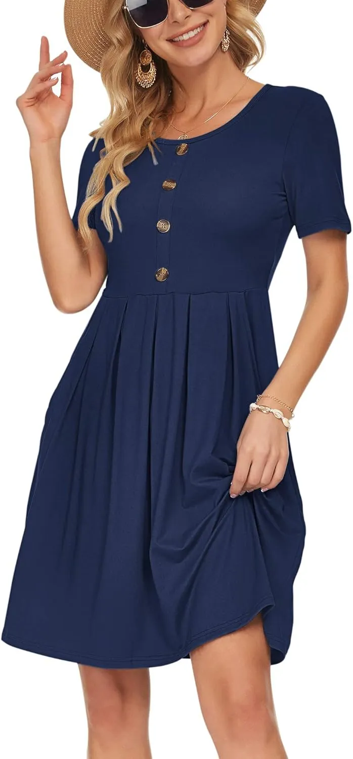 AUSELILY Women's Short Sleeve Summer Dress Pleated Button Down Knee Length Dresses with Pockets 2025 New