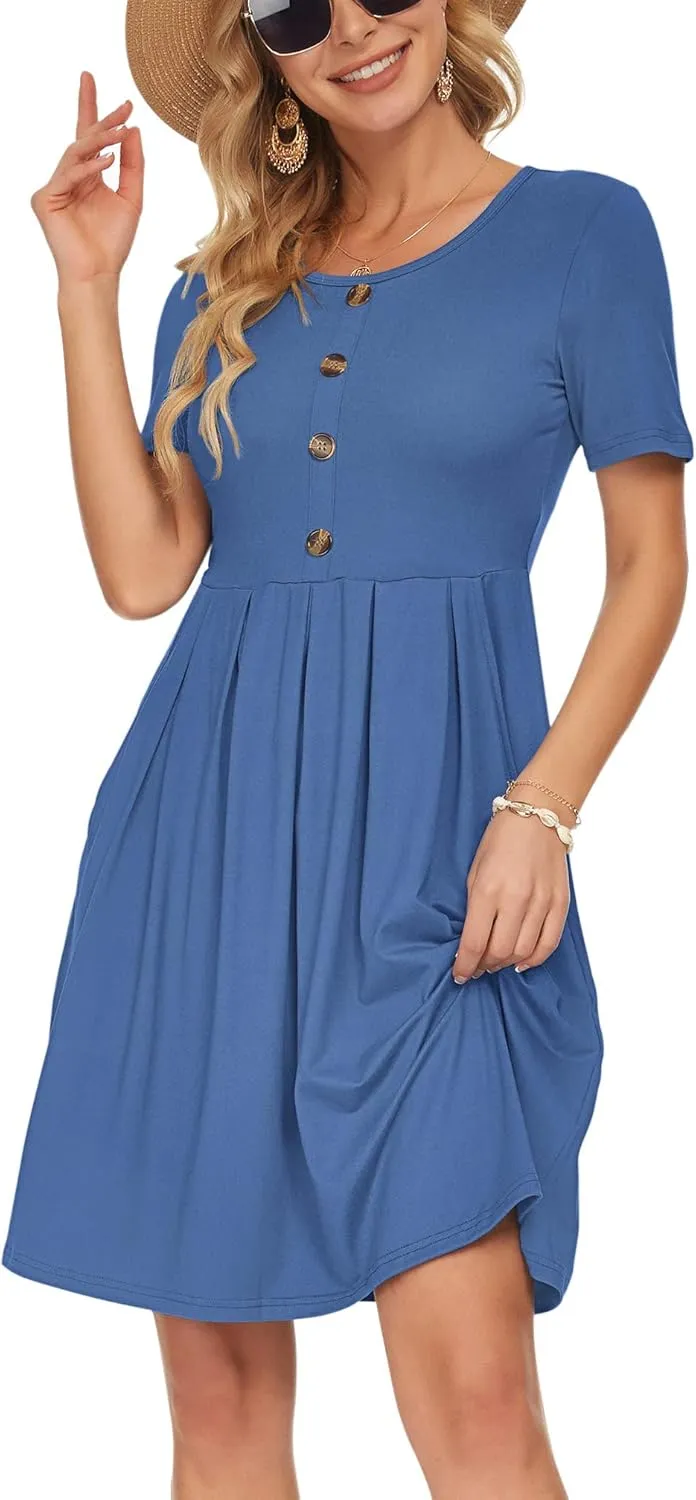 AUSELILY Women's Short Sleeve Summer Dress Pleated Button Down Knee Length Dresses with Pockets 2025 New