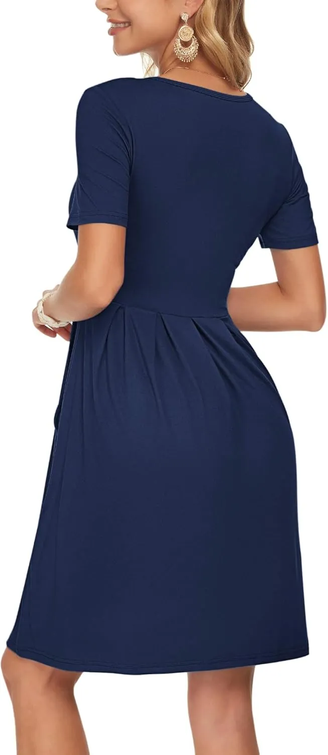 AUSELILY Women's Short Sleeve Summer Dress Pleated Button Down Knee Length Dresses with Pockets 2025 New
