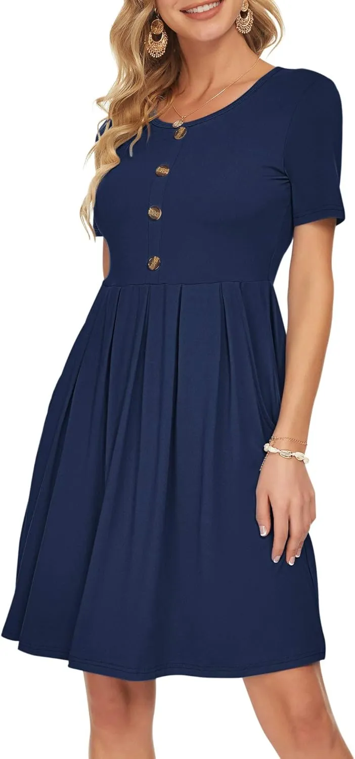 AUSELILY Women's Short Sleeve Summer Dress Pleated Button Down Knee Length Dresses with Pockets 2025 New