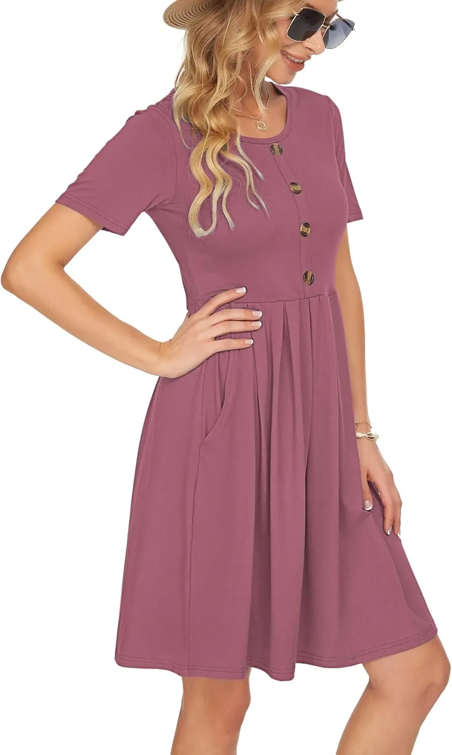 AUSELILY Women's Short Sleeve Summer Dress Pleated Button Down Knee Length Dresses with Pockets 2025 New