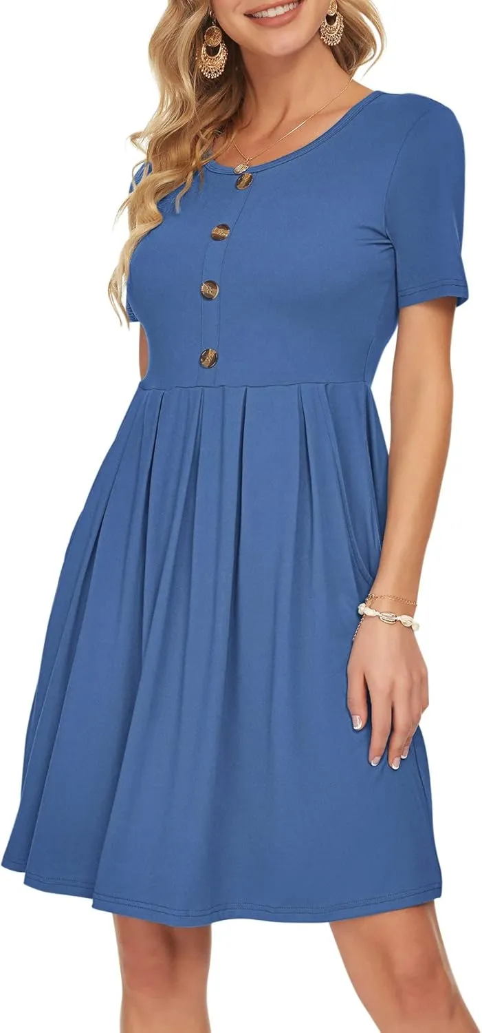 AUSELILY Women's Short Sleeve Summer Dress Pleated Button Down Knee Length Dresses with Pockets 2025 New