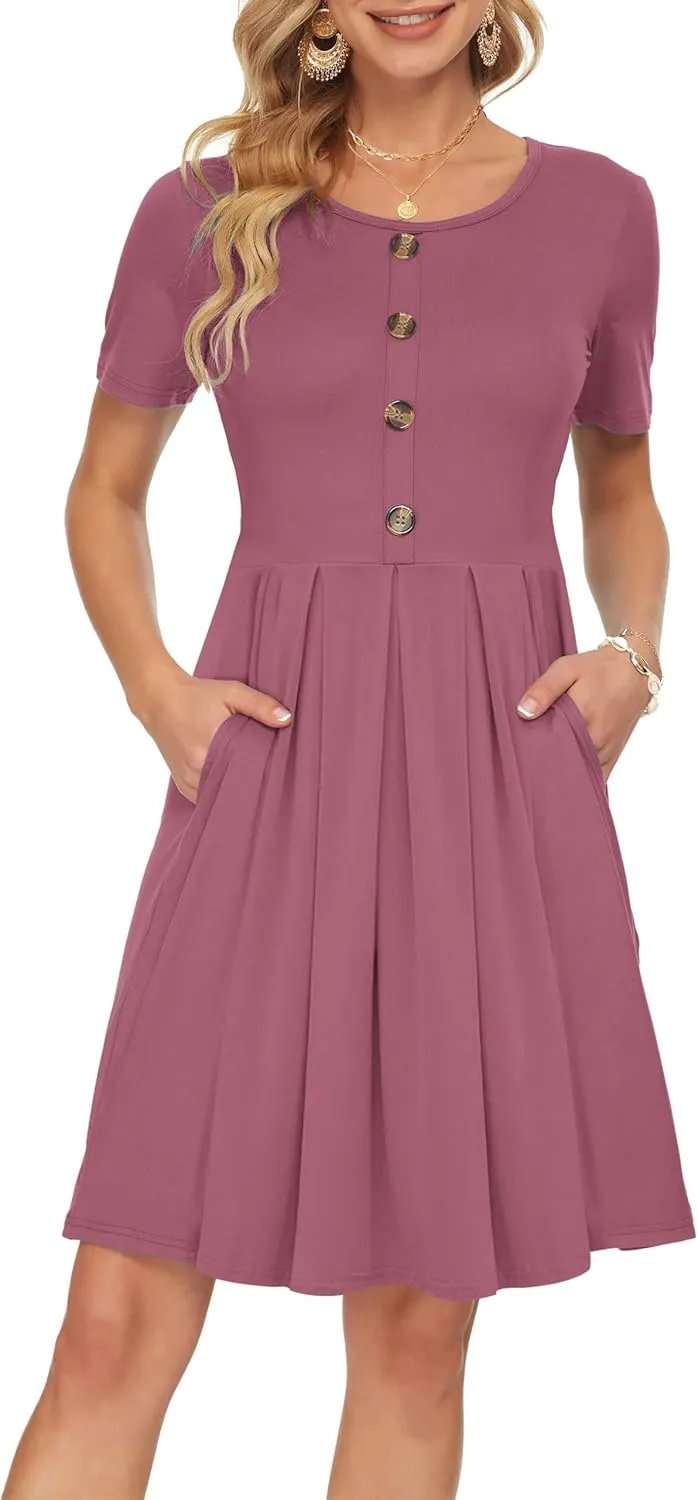 AUSELILY Women's Short Sleeve Summer Dress Pleated Button Down Knee Length Dresses with Pockets 2025 New