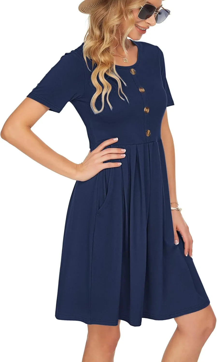 AUSELILY Women's Short Sleeve Summer Dress Pleated Button Down Knee Length Dresses with Pockets 2025 New