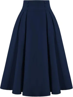 Belle Poque Women's Vintage High Waist Pleated Midi A-Line Skirt with Pockets