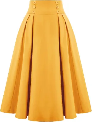 Belle Poque Women's Vintage High Waist Pleated Midi A-Line Skirt with Pockets