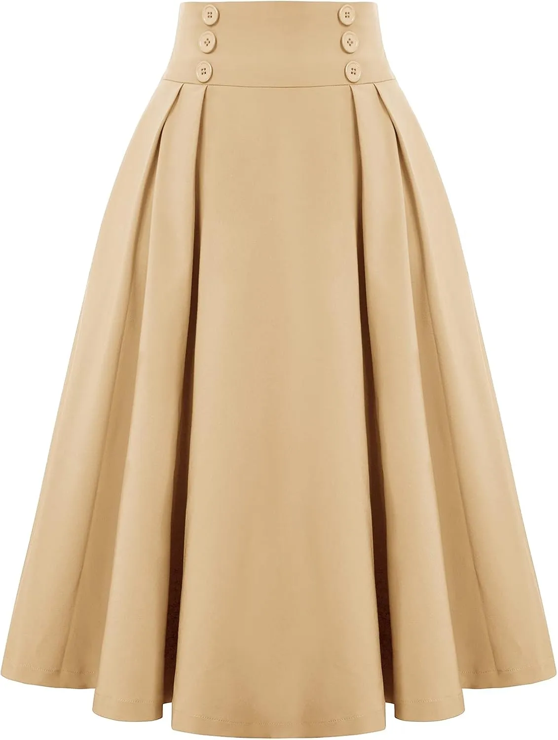 Belle Poque Women's Vintage High Waist Pleated Midi A-Line Skirt with Pockets