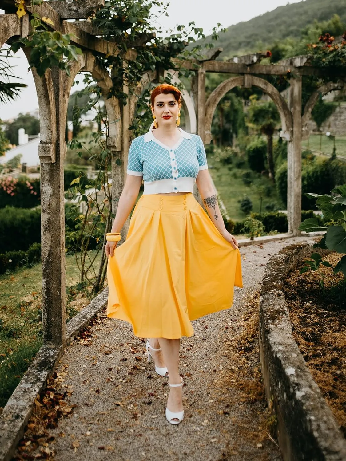 Belle Poque Women's Vintage High Waist Pleated Midi A-Line Skirt with Pockets