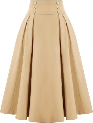 Belle Poque Women's Vintage High Waist Pleated Midi A-Line Skirt with Pockets
