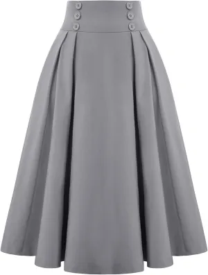 Belle Poque Women's Vintage High Waist Pleated Midi A-Line Skirt with Pockets