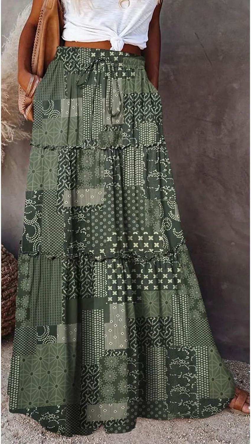 Boho Skirt for Women High Waist A Line Flowy Tiered Skirts Summer Floral Pleated Ruffle Long Maxi Skirt with Pockets