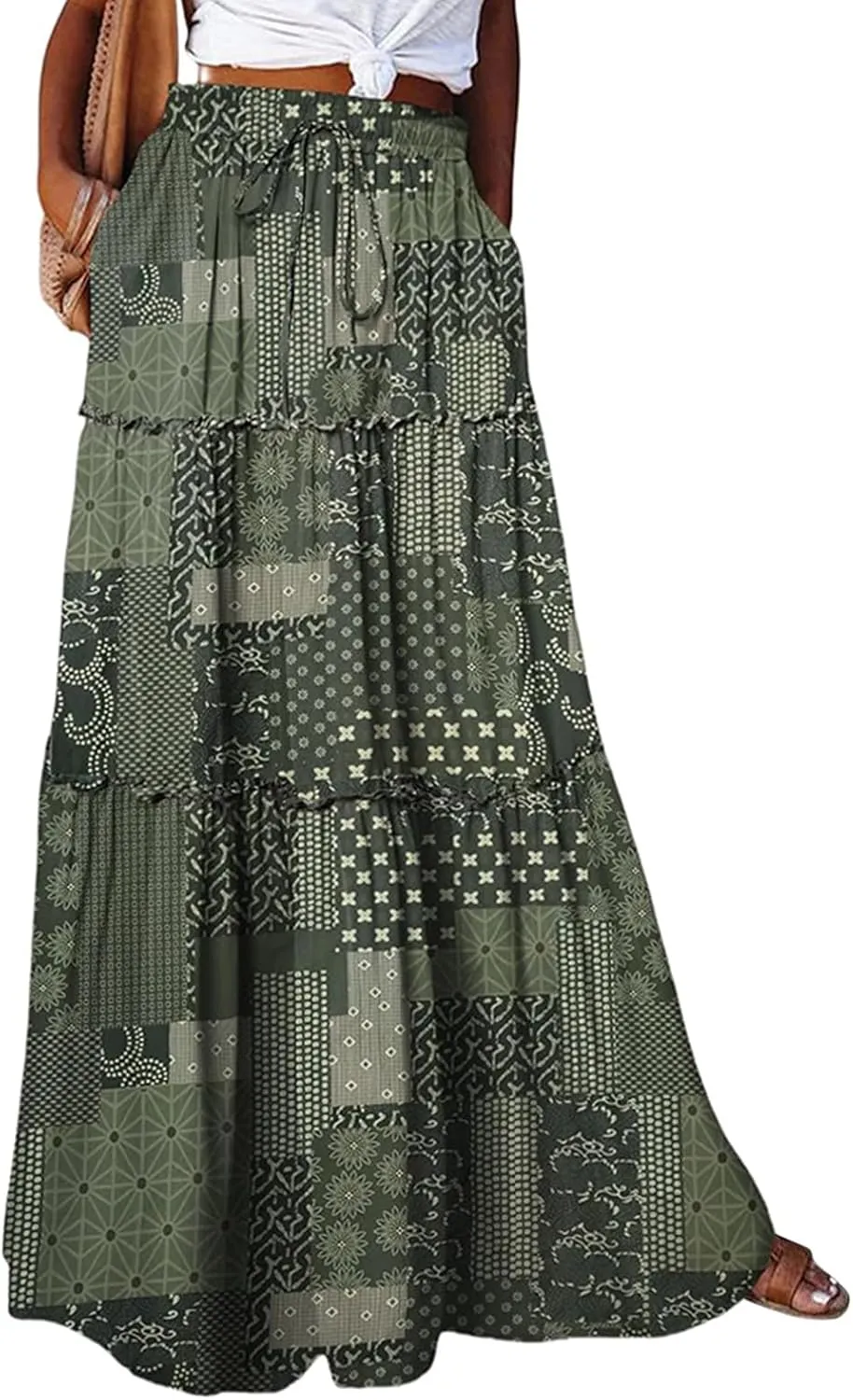 Boho Skirt for Women High Waist A Line Flowy Tiered Skirts Summer Floral Pleated Ruffle Long Maxi Skirt with Pockets