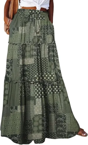 Boho Skirt for Women High Waist A Line Flowy Tiered Skirts Summer Floral Pleated Ruffle Long Maxi Skirt with Pockets