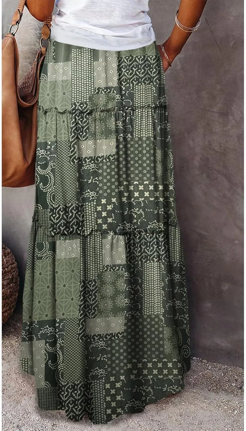 Boho Skirt for Women High Waist A Line Flowy Tiered Skirts Summer Floral Pleated Ruffle Long Maxi Skirt with Pockets