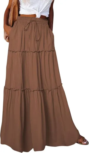 Boho Skirts for Women Summer Vacation High Waist Tie Loose Flower Print Elastic Waist Casual Long Maxi Party Skirt