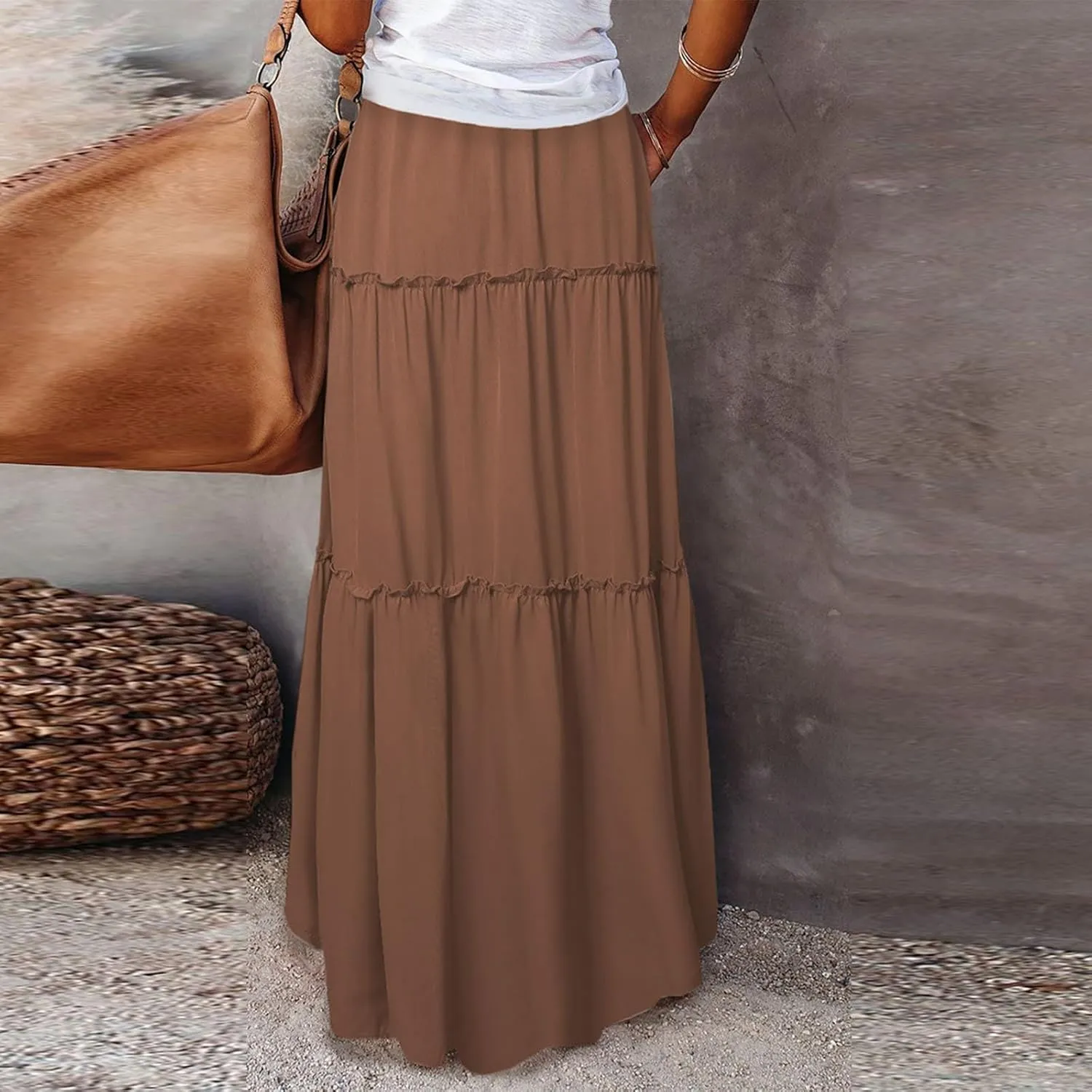 Boho Skirts for Women Summer Vacation High Waist Tie Loose Flower Print Elastic Waist Casual Long Maxi Party Skirt