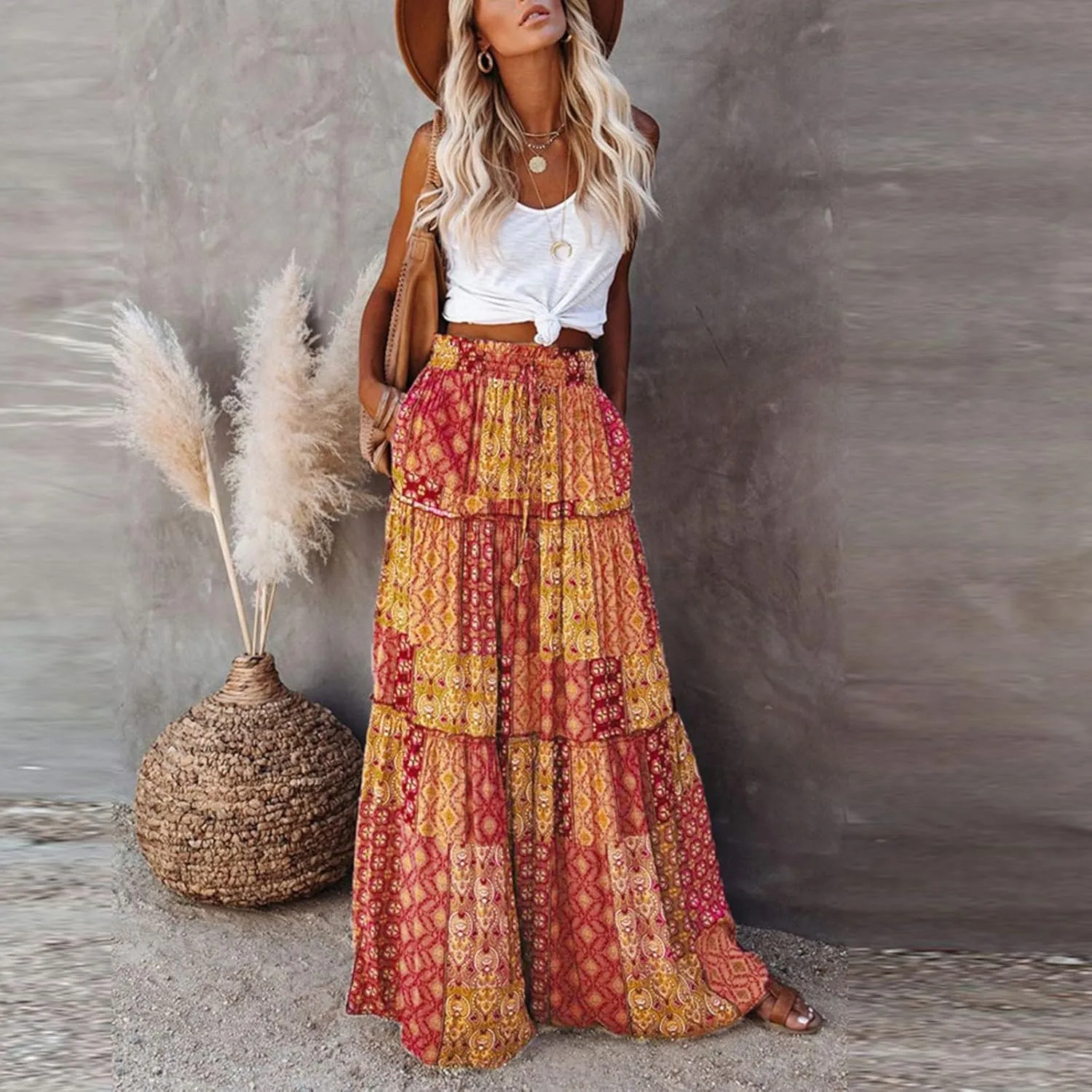 Boho Skirts for Women Summer Vacation High Waist Tie Loose Flower Print Elastic Waist Casual Long Maxi Party Skirt