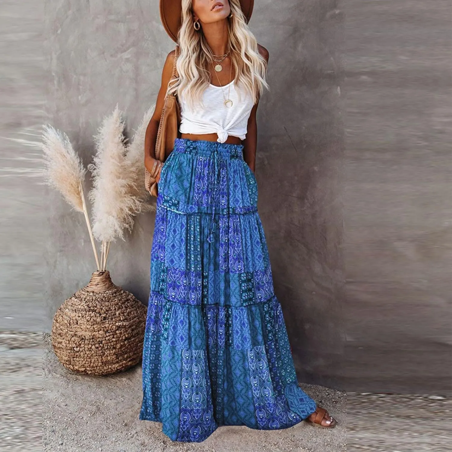 Boho Skirts for Women Summer Vacation High Waist Tie Loose Flower Print Elastic Waist Casual Long Maxi Party Skirt