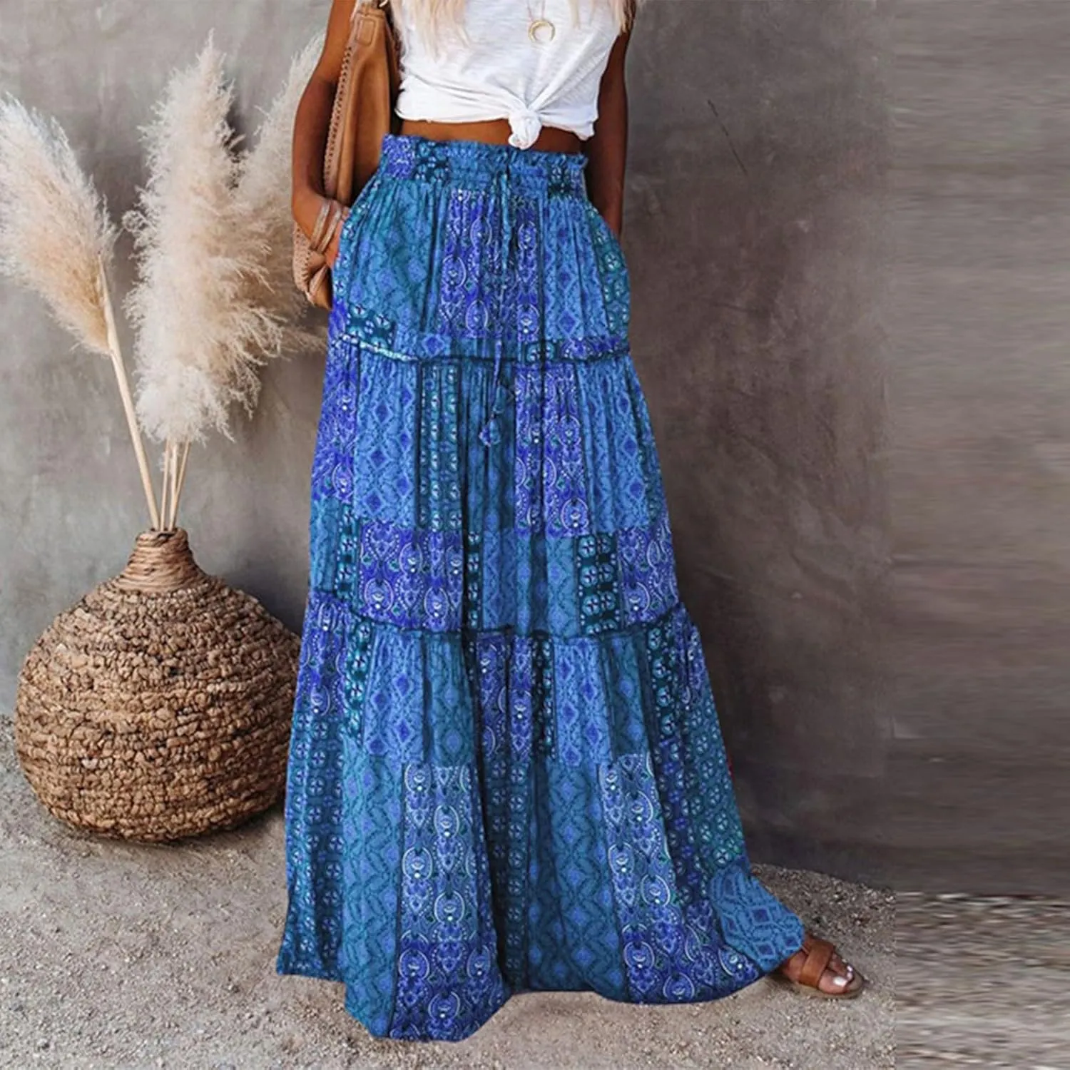 Boho Skirts for Women Summer Vacation High Waist Tie Loose Flower Print Elastic Waist Casual Long Maxi Party Skirt