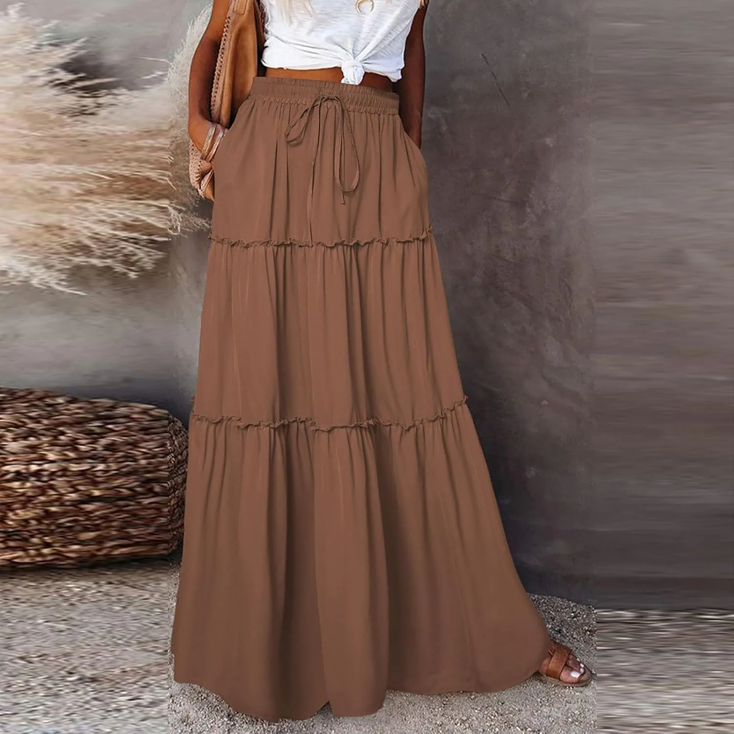 Boho Skirts for Women Summer Vacation High Waist Tie Loose Flower Print Elastic Waist Casual Long Maxi Party Skirt