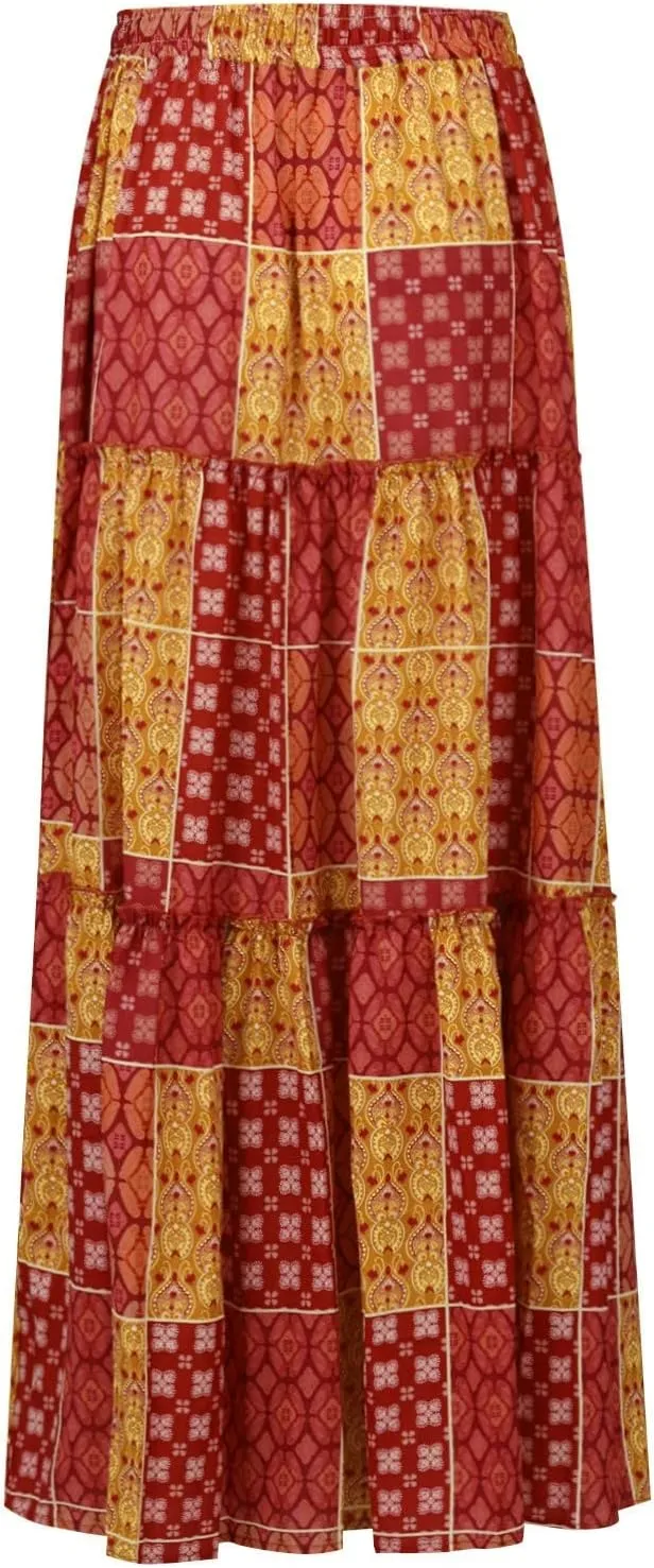 Boho Skirts for Women Summer Vacation High Waist Tie Loose Flower Print Elastic Waist Casual Long Maxi Party Skirt