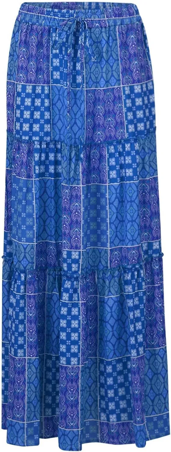 Boho Skirts for Women Summer Vacation High Waist Tie Loose Flower Print Elastic Waist Casual Long Maxi Party Skirt
