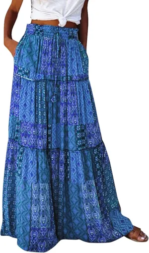 Boho Skirts for Women Summer Vacation High Waist Tie Loose Flower Print Elastic Waist Casual Long Maxi Party Skirt