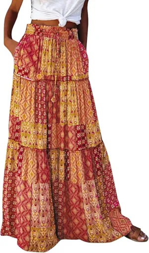 Boho Skirts for Women Summer Vacation High Waist Tie Loose Flower Print Elastic Waist Casual Long Maxi Party Skirt