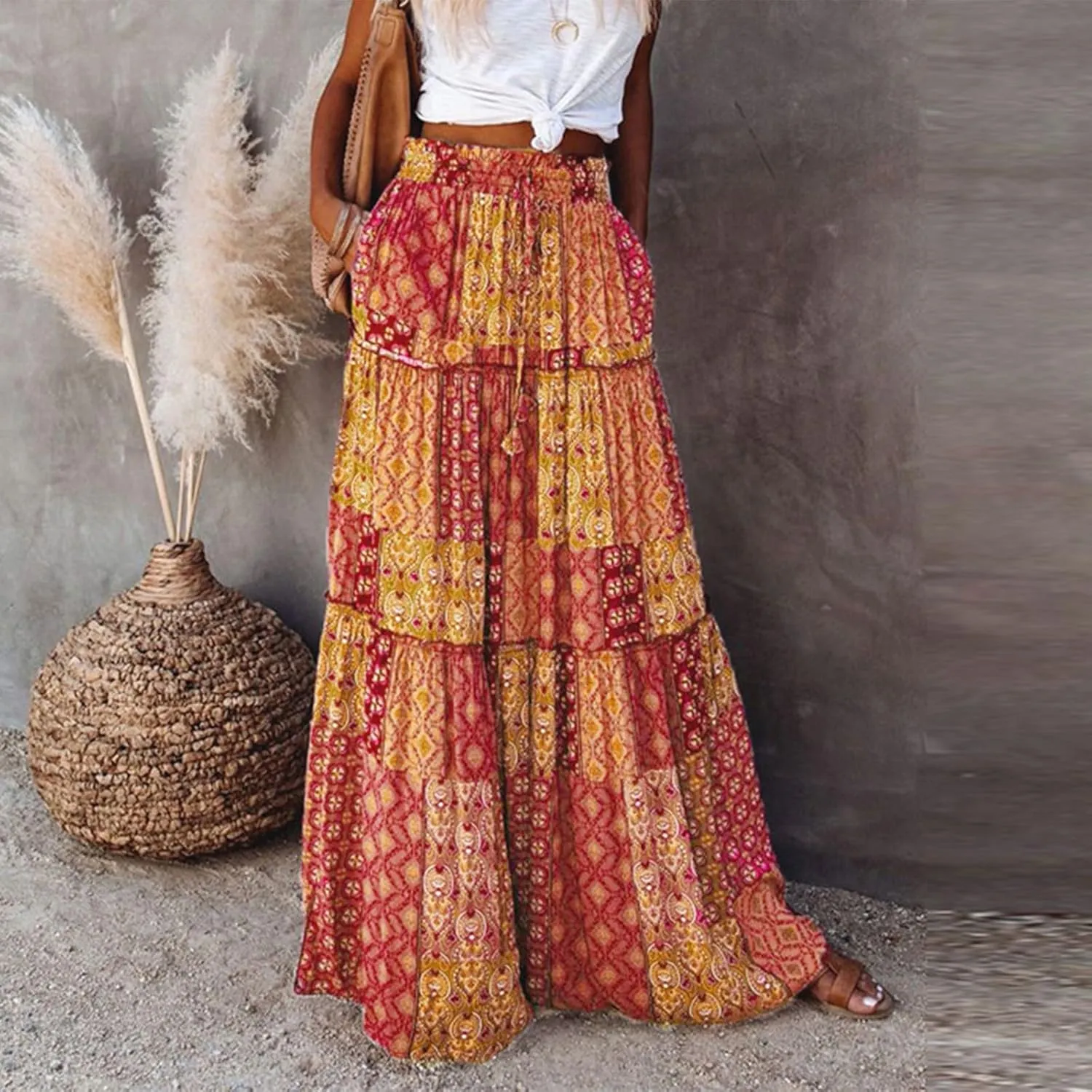 Boho Skirts for Women Summer Vacation High Waist Tie Loose Flower Print Elastic Waist Casual Long Maxi Party Skirt