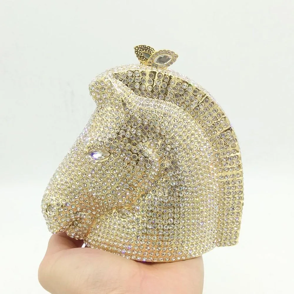 Boutique De FGG Horse Head Crystal Clutch Bags Women Animal Rhinestone Evening Handbags Party Crystal Clutch Purses,Mini
