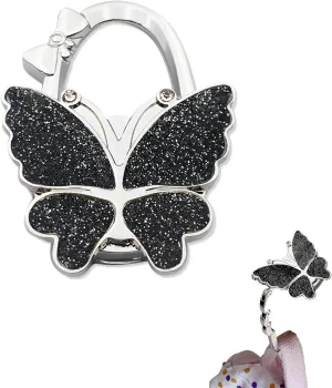 Butterfly Design Purse Hook for Table - Foldable Handbag Hanger - Portable Bag Holder - Hangs Almost Anywhere(Glitter Black)