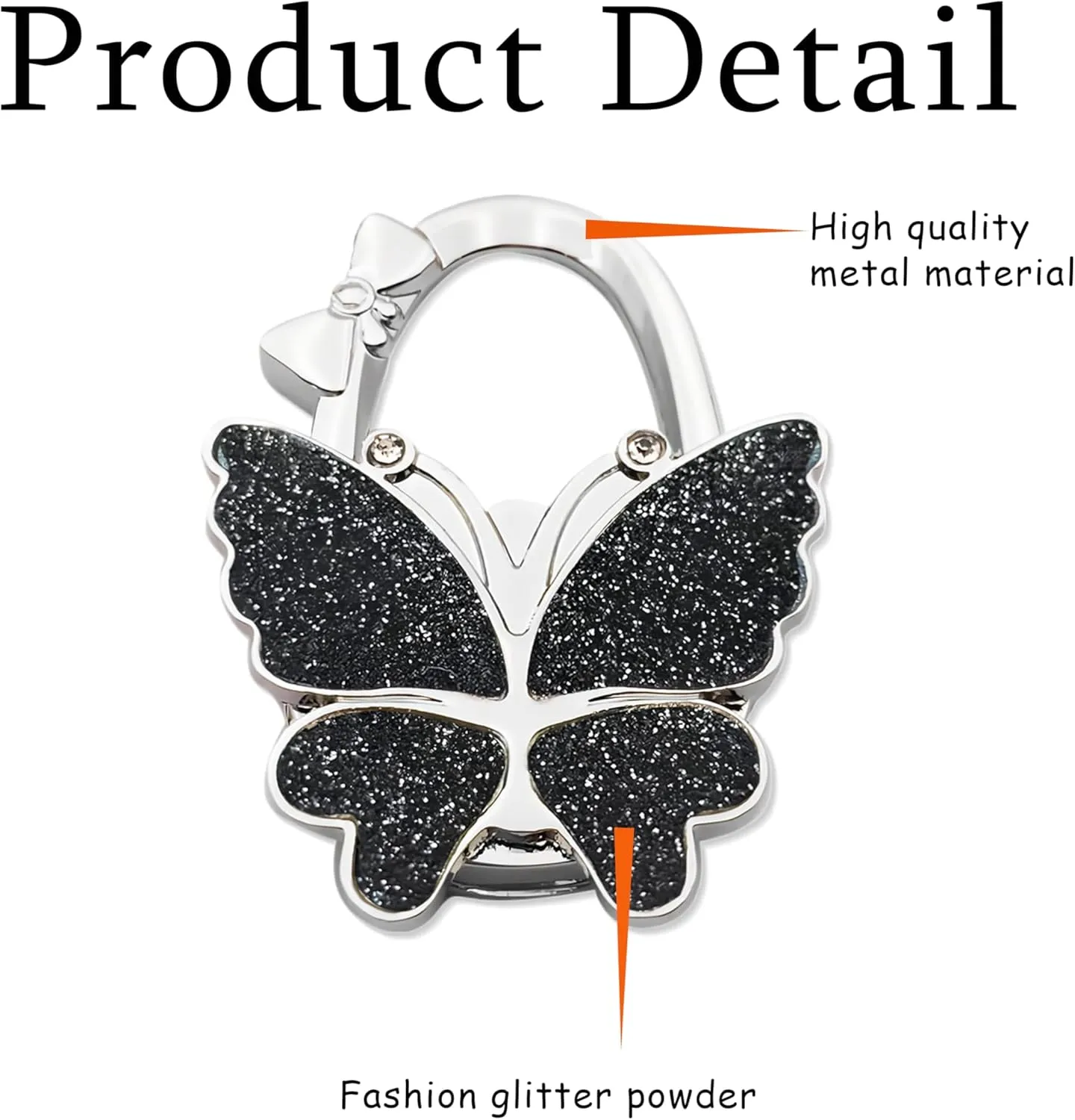 Butterfly Design Purse Hook for Table - Foldable Handbag Hanger - Portable Bag Holder - Hangs Almost Anywhere(Glitter Black)