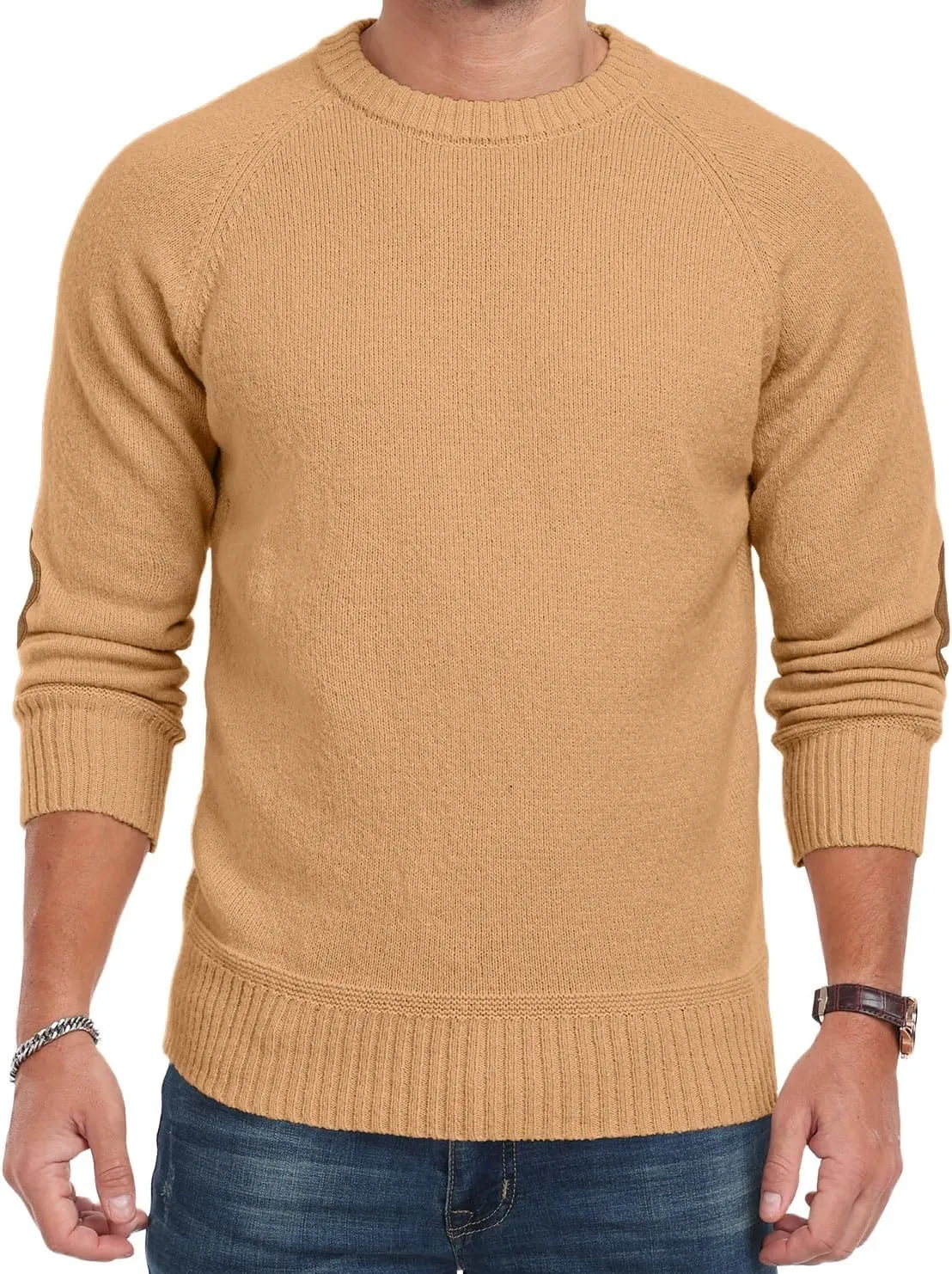 Cable Knit Sweater Men,Long Sleeve Casual Fishmen Sweater, Fit Pullover Sweater with Elbow Patches