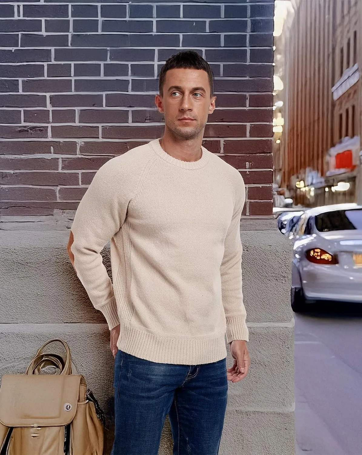 Cable Knit Sweater Men,Long Sleeve Casual Fishmen Sweater, Fit Pullover Sweater with Elbow Patches