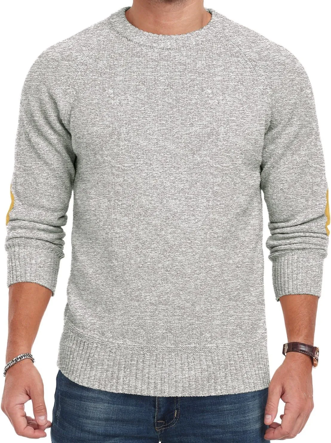 Cable Knit Sweater Men,Long Sleeve Casual Fishmen Sweater, Fit Pullover Sweater with Elbow Patches