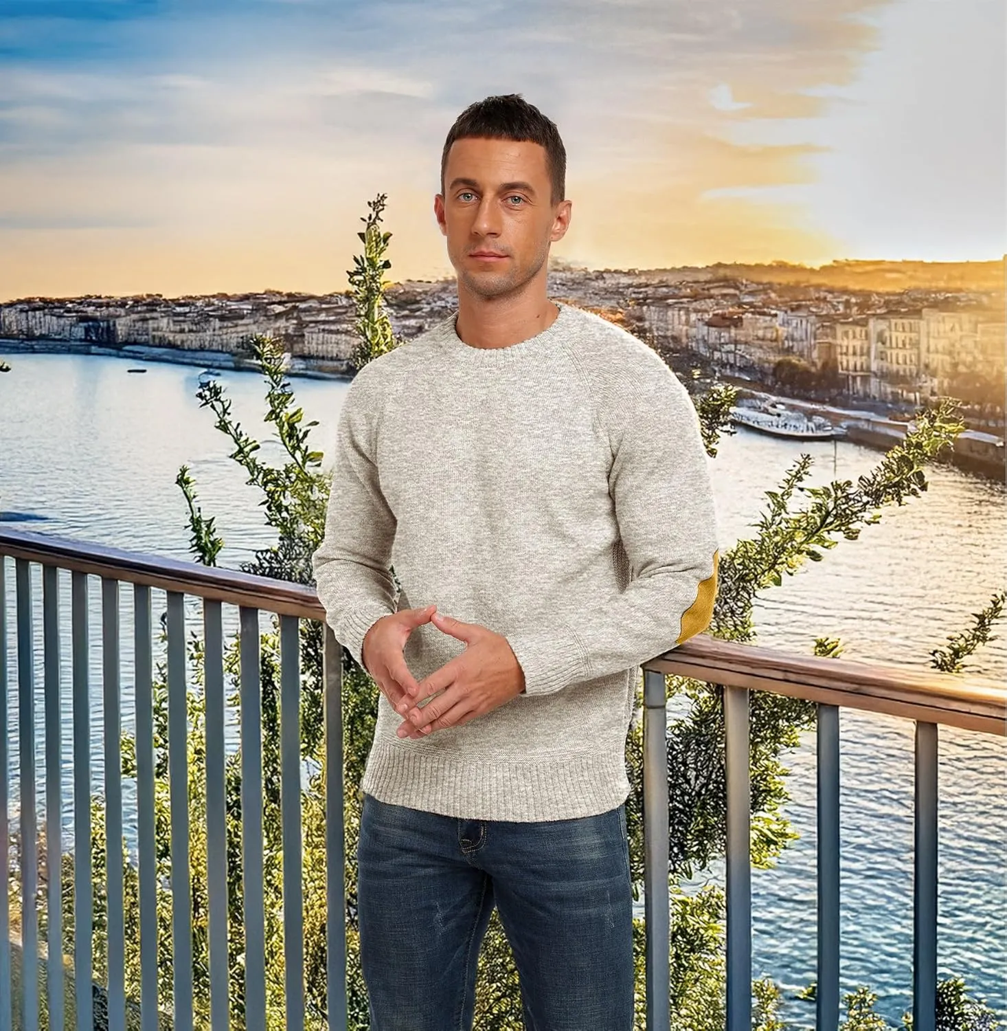 Cable Knit Sweater Men,Long Sleeve Casual Fishmen Sweater, Fit Pullover Sweater with Elbow Patches