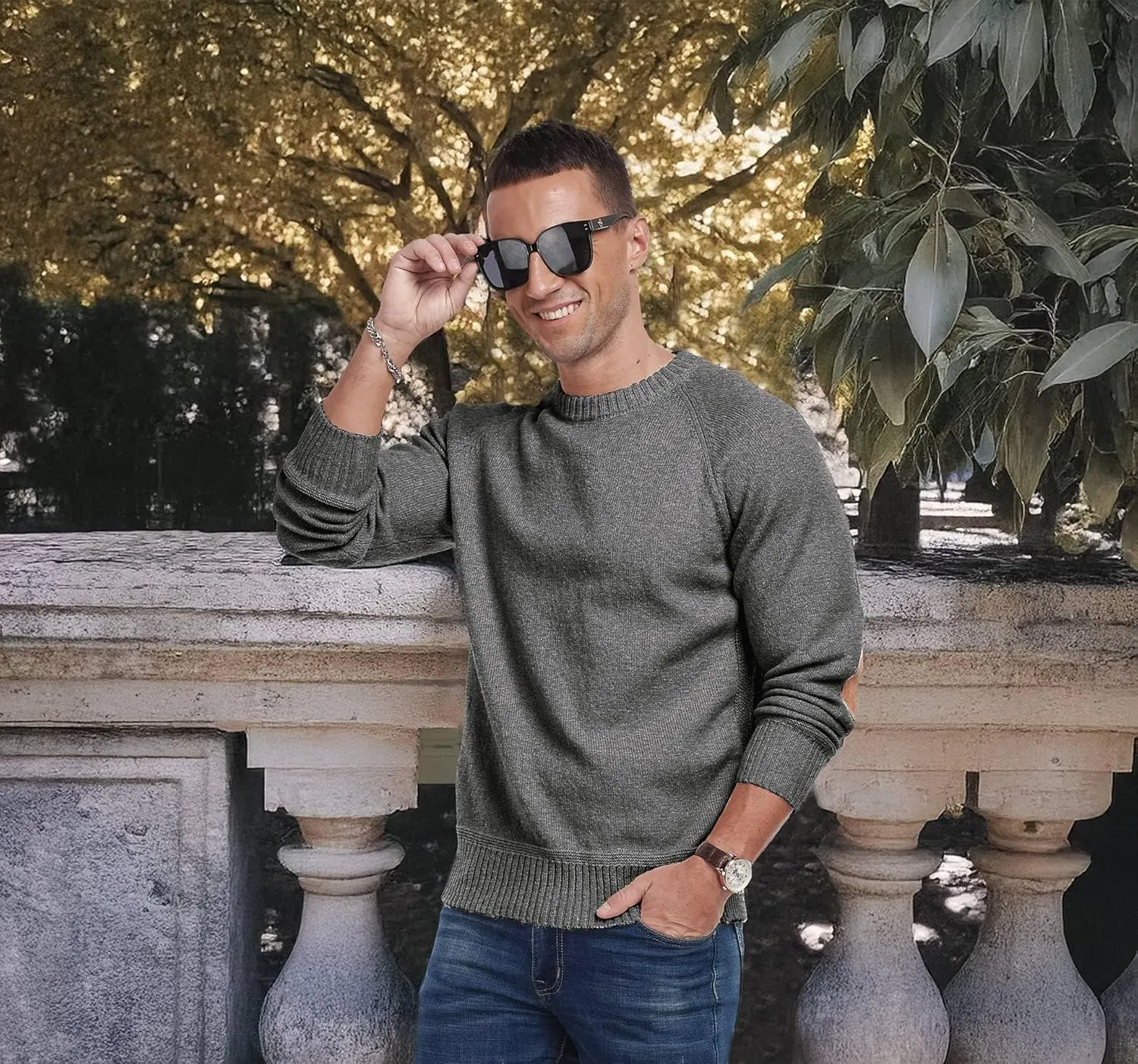 Cable Knit Sweater Men,Long Sleeve Casual Fishmen Sweater, Fit Pullover Sweater with Elbow Patches