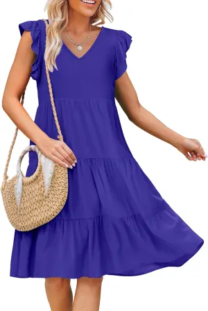Caracilia Womens Summer Ruffle Sleeve V Neck Midi Dress Flowy Boho Casual A-Line Tiered Knee Length Beach Vacation Sundress