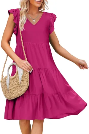 Caracilia Womens Summer Ruffle Sleeve V Neck Midi Dress Flowy Boho Casual A-Line Tiered Knee Length Beach Vacation Sundress
