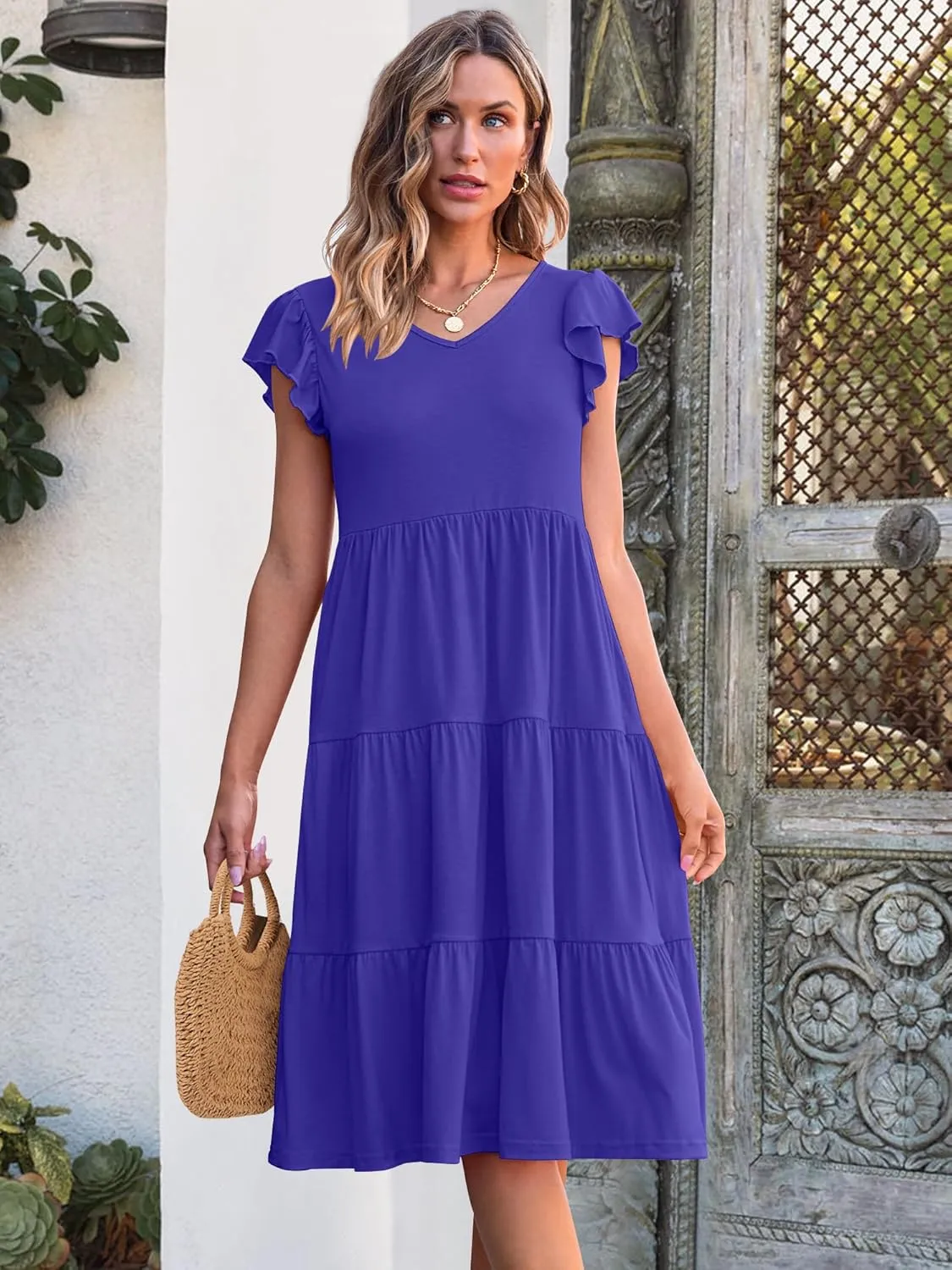 Caracilia Womens Summer Ruffle Sleeve V Neck Midi Dress Flowy Boho Casual A-Line Tiered Knee Length Beach Vacation Sundress