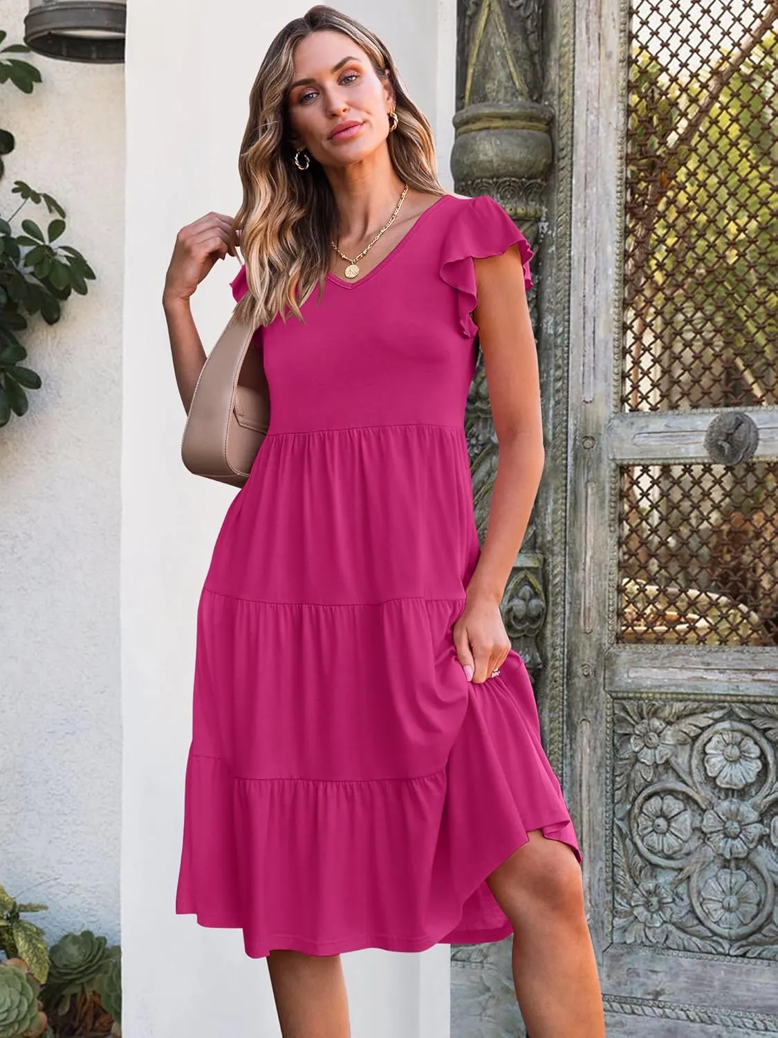 Caracilia Womens Summer Ruffle Sleeve V Neck Midi Dress Flowy Boho Casual A-Line Tiered Knee Length Beach Vacation Sundress
