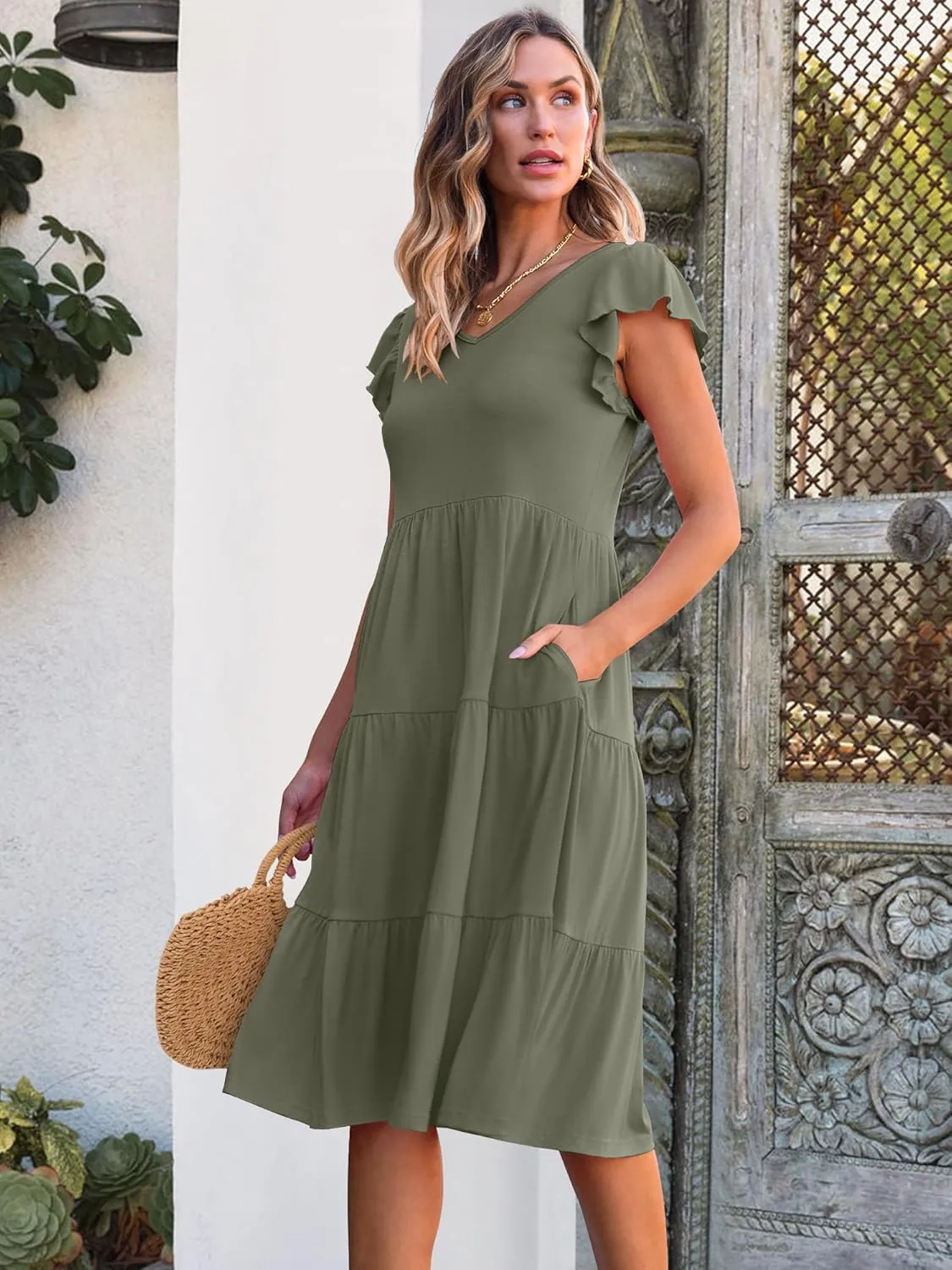 Caracilia Womens Summer Ruffle Sleeve V Neck Midi Dress Flowy Boho Casual A-Line Tiered Knee Length Beach Vacation Sundress