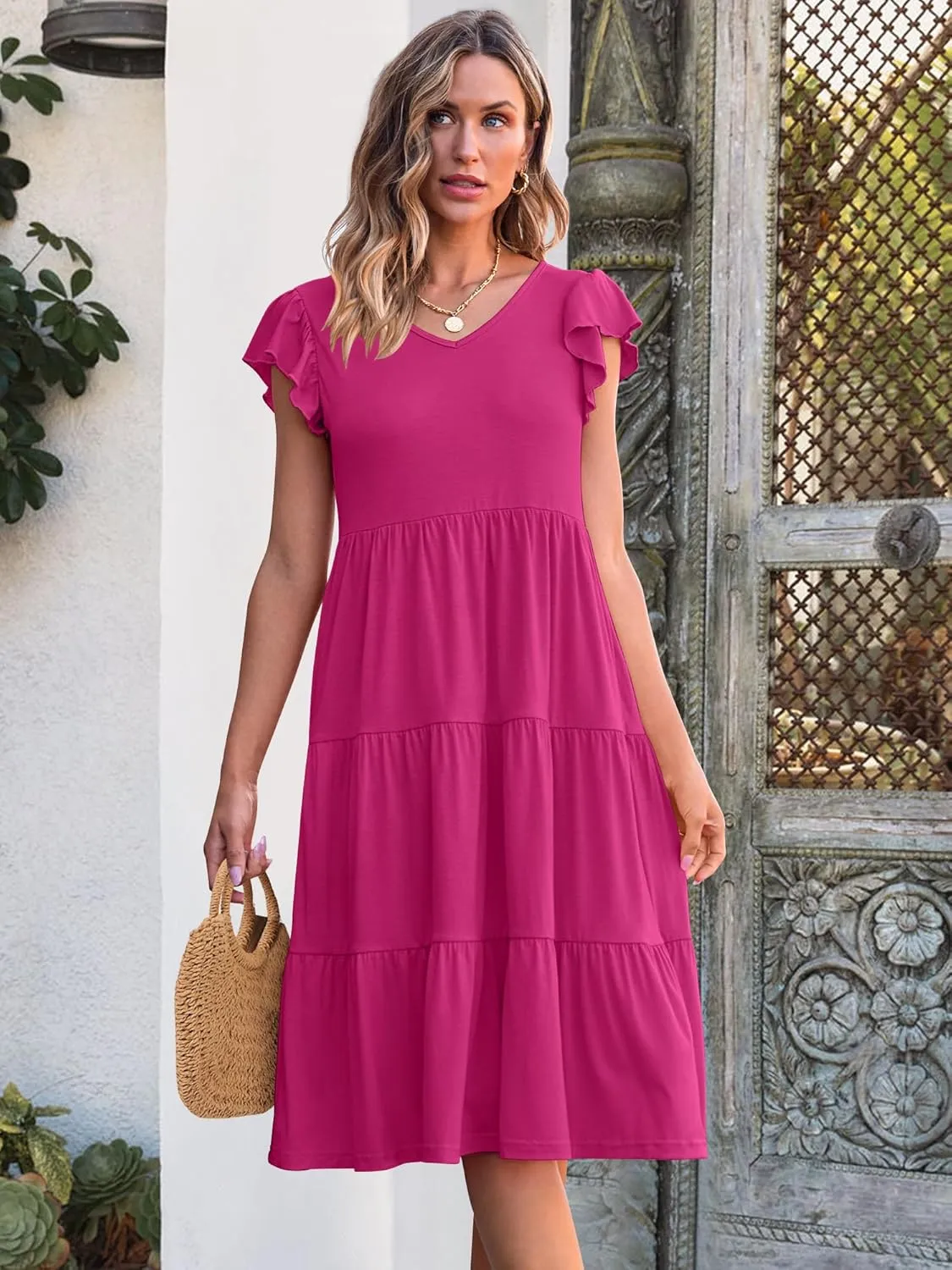 Caracilia Womens Summer Ruffle Sleeve V Neck Midi Dress Flowy Boho Casual A-Line Tiered Knee Length Beach Vacation Sundress