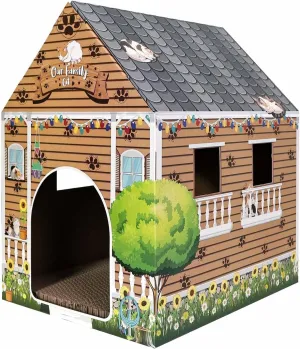 Cardboard Cat House with Scratch Pad Large Cats Scratching Playhouse Scratcher House for Indoor Cats Cardboard Cat Play Box