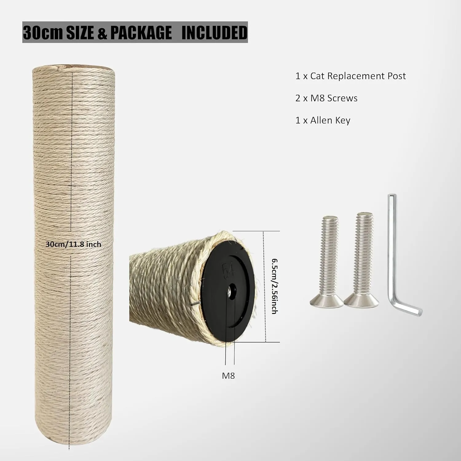 Cat Scratch Post, 8,11.8,15.7,19.6,31.5inch sisal Pole Cat Tree Replacement Post with M8 Screws, Indoor cat Tower Spare Furniture Protector with Scratch Post Filling (11.8inch-1Pcs)